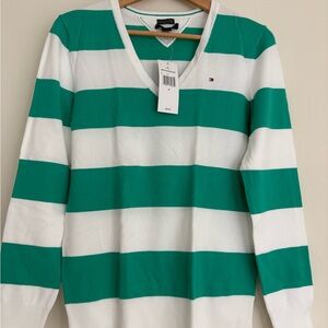 Tommy Hilfiger Pima Cotton V-Neck Sweater in Green and White Stripes
